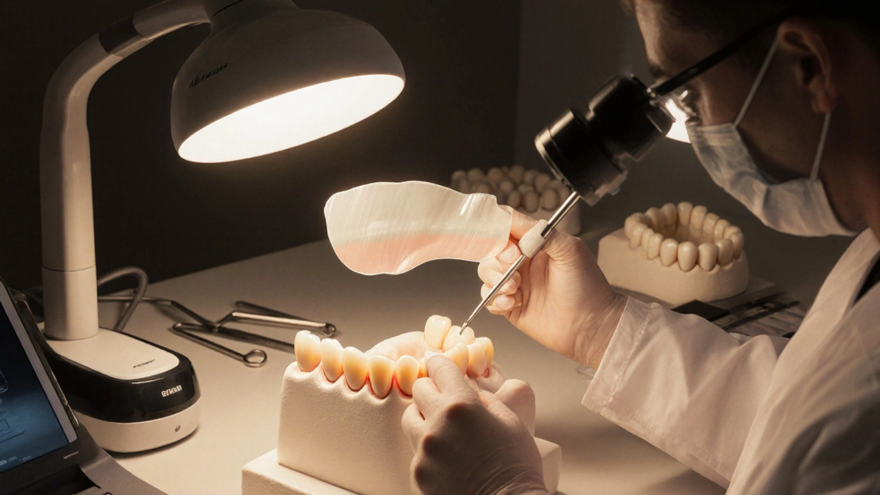 Dentální technik připravuje tenkou keramickou fazetu na modelu zubu v laboratoři.