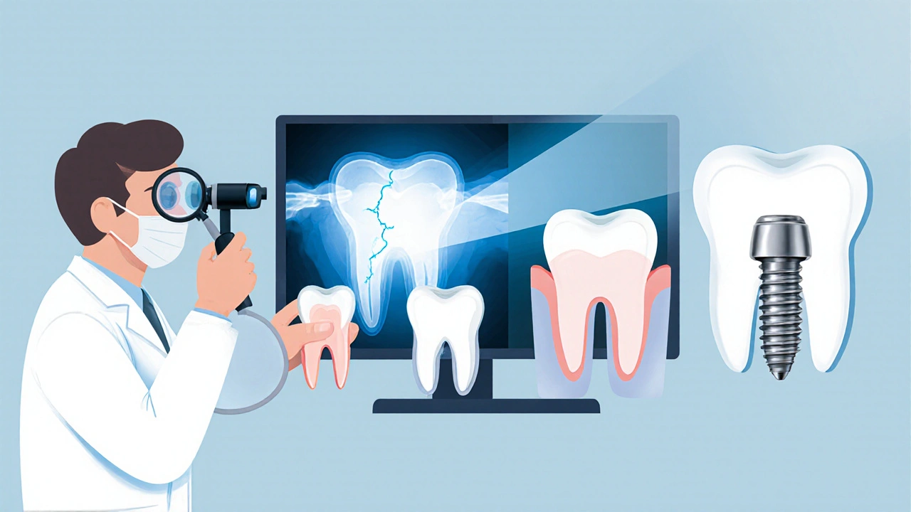 Dentista provádí vyšetření a ukazuje tři možnosti opravy zubů – výplň, fazetu i korunku, plus implantát.