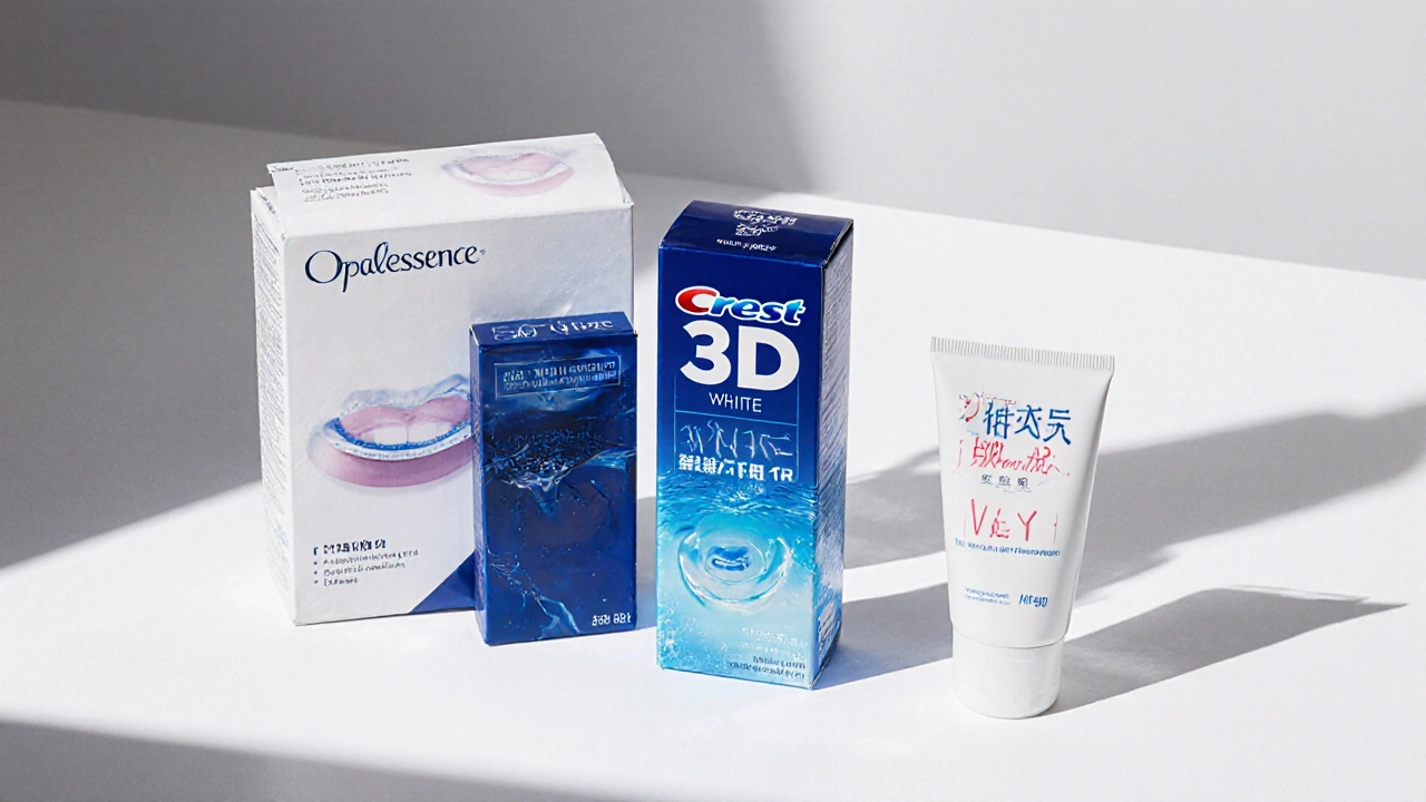 Tři typy produktů na bělení zubů na bílém pozadí.