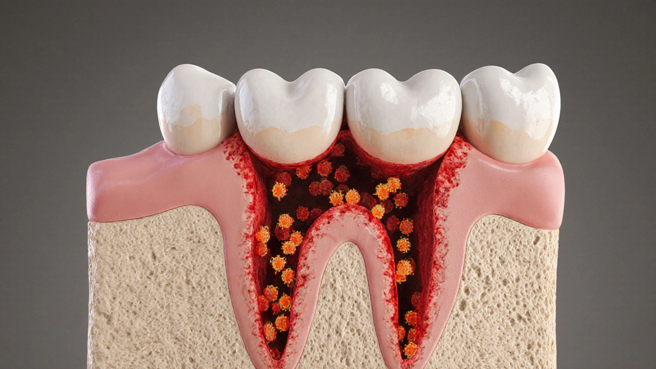 Cross-section of jaw showing bacteria in periodontal pockets and bone loss.