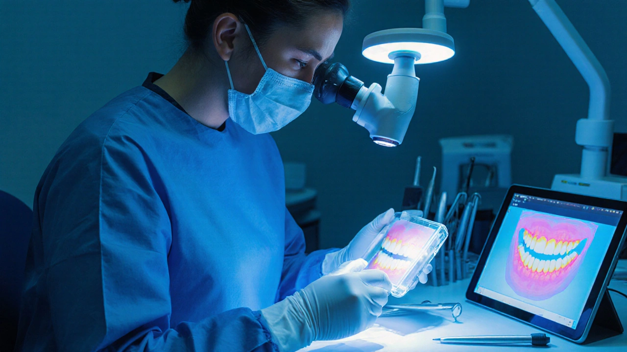 Dentální technik prozkoumává tenké keramické fazety v moderní laboratoři.