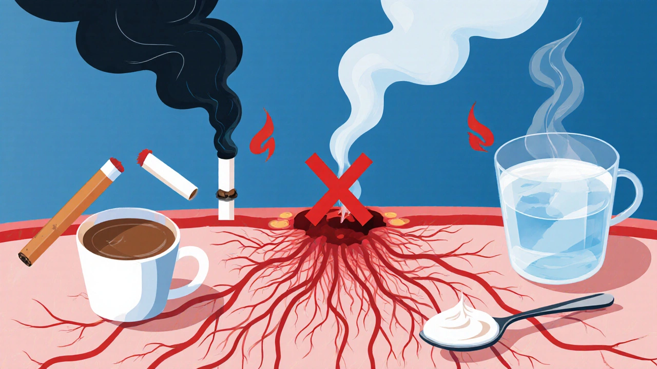 Ilustrace výřezu po vytržení zubu s krevní sraženinou, přičemž kouř a horký nápoj jsou zakázané, zatímco měkká potrava je bezpečná.
