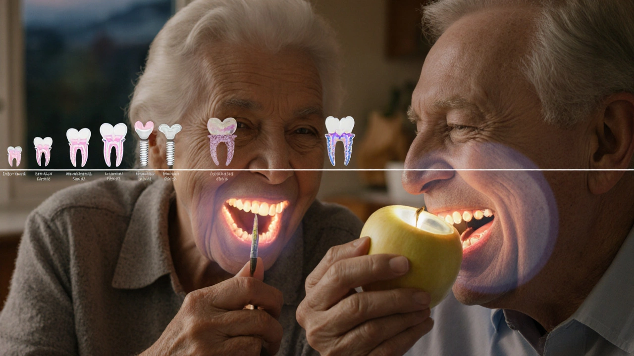 Pár večeří s jablkem, jejich čelisti jsou překryty průhlednými implantáty.