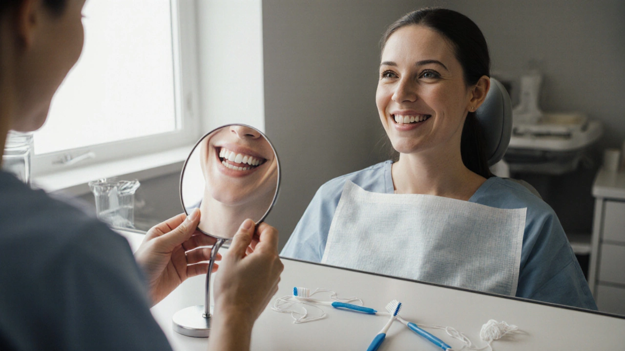Patient smiling after gum treatment, holding a mirror showing healthy gums.