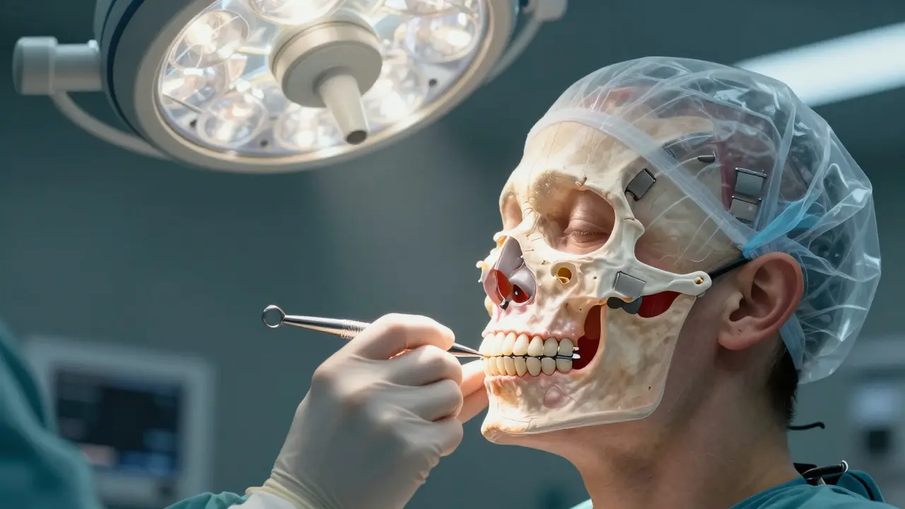 Chirurg provádí operaci čelisti s využitím 3D modelu a kovových destiček.