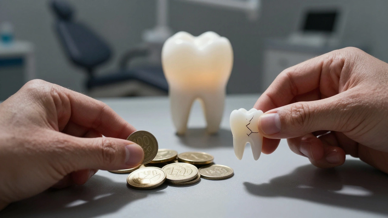 Cracked dental filling next to Czech crowns, symbolizing cost differences between cheap and quality treatment.