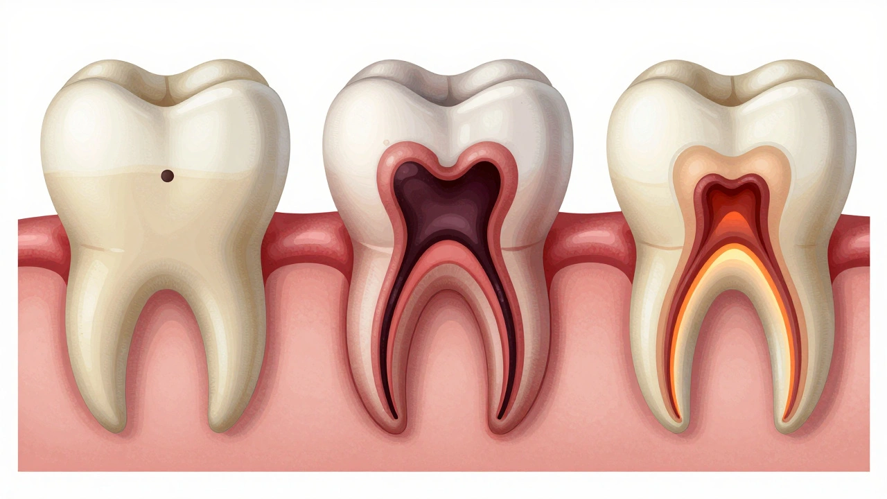Cross-sectional illustrations showing dental decay progressing from enamel to jaw infection.