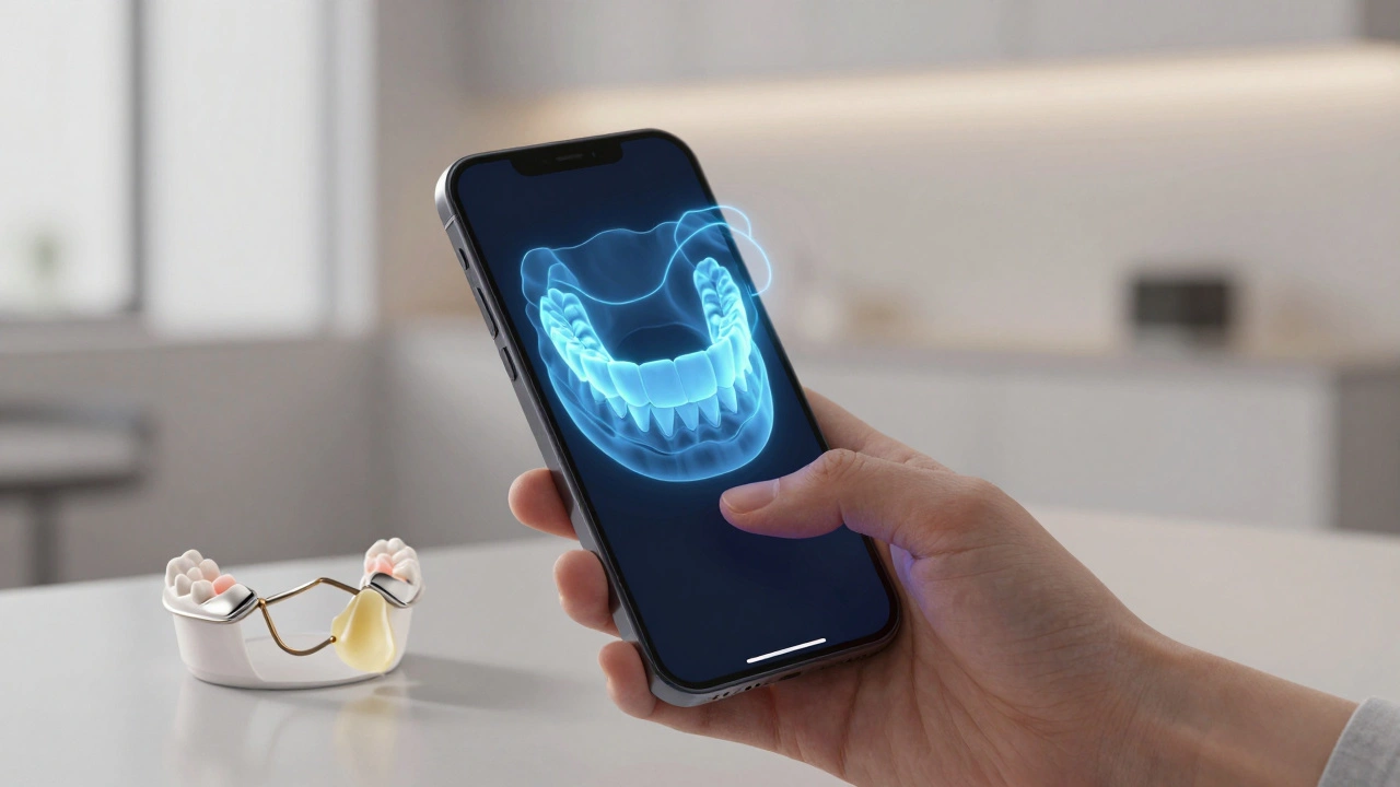 Digitální 3D sken zubů na telefonu vedle tradičního otisku.