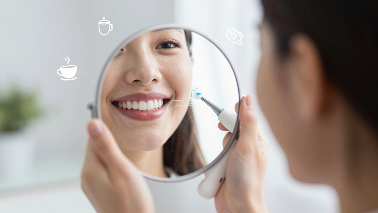 Person smiling at mirror showing natural-looking composite veneers with symbolic icons.