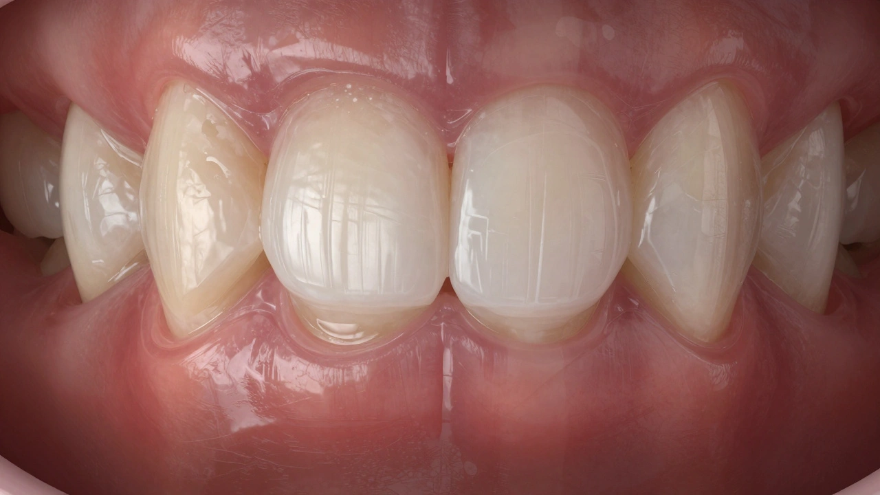 Side-by-side comparison of damaged tooth and restored tooth with composite veneer.
