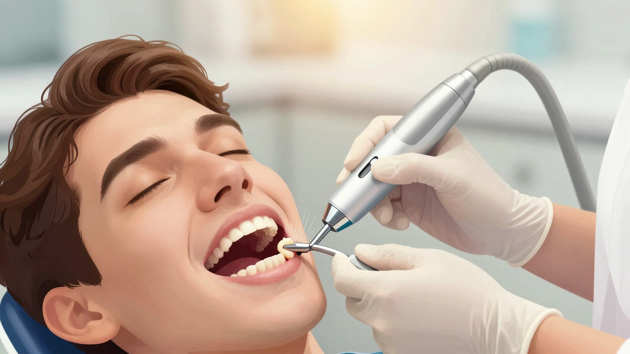 Zubní hygienistka odstraňuje kámen ultrazvukovým skrabačem.