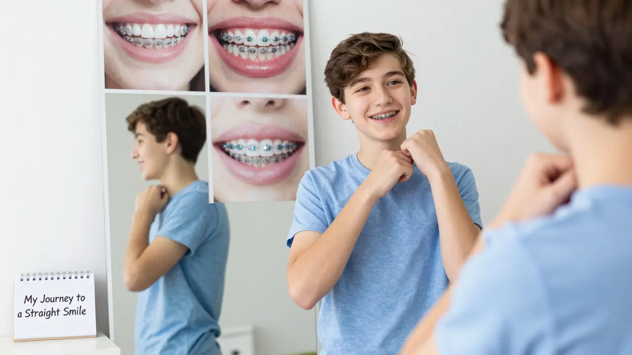 Nepřítomný teenager s keramickými rovnátky před zrcadlem.