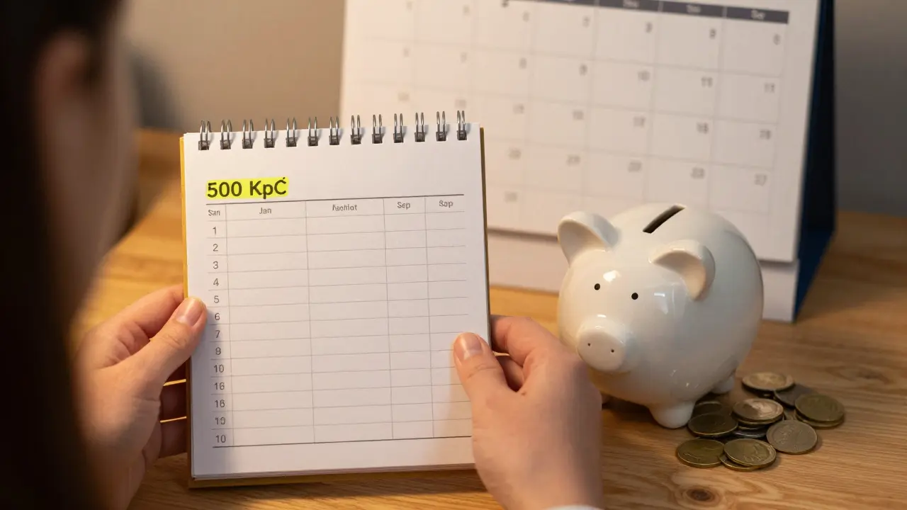 Person saving 500 Kč monthly for dental veneers with piggy bank