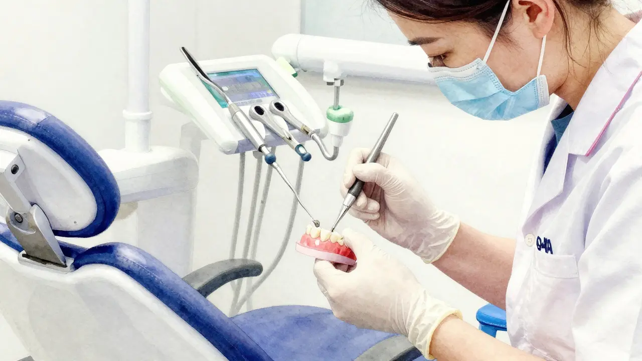 Zubní hygienistka čistí zirkonovou korunku