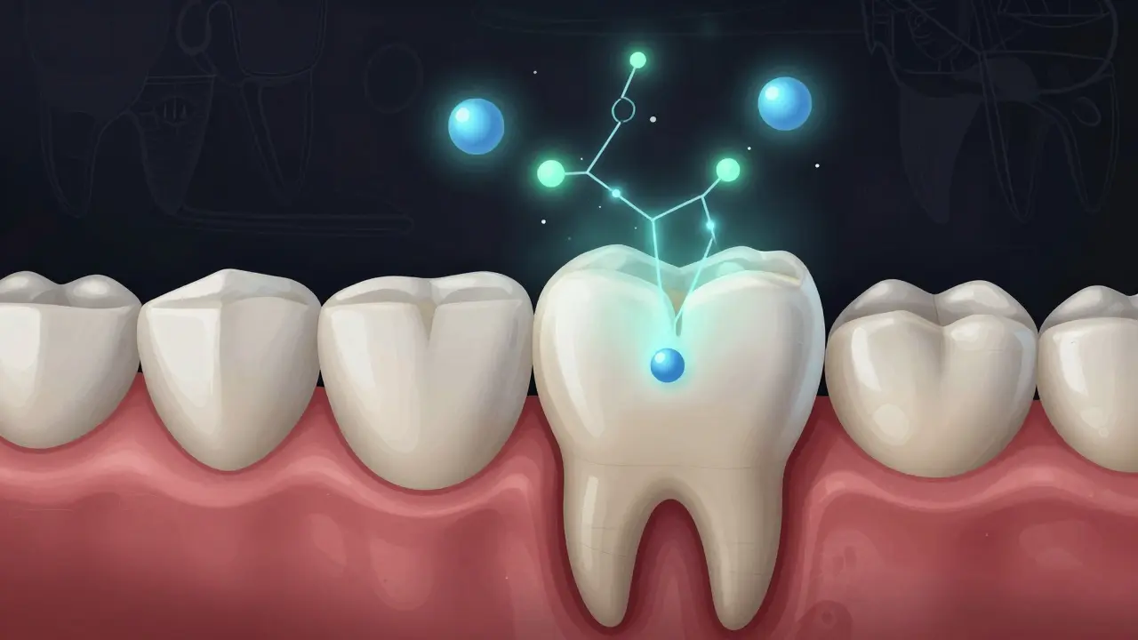 Cross-section of tooth showing fluoride and calcium ions releasing into dentin during glass ionomer setting.