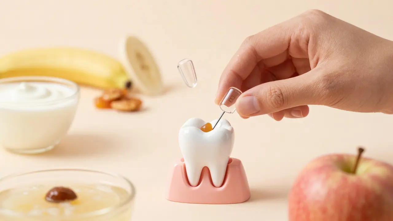 Glass ionomer filling in tooth mold with soft foods nearby and hard foods fading away, 2-hour timer visible.