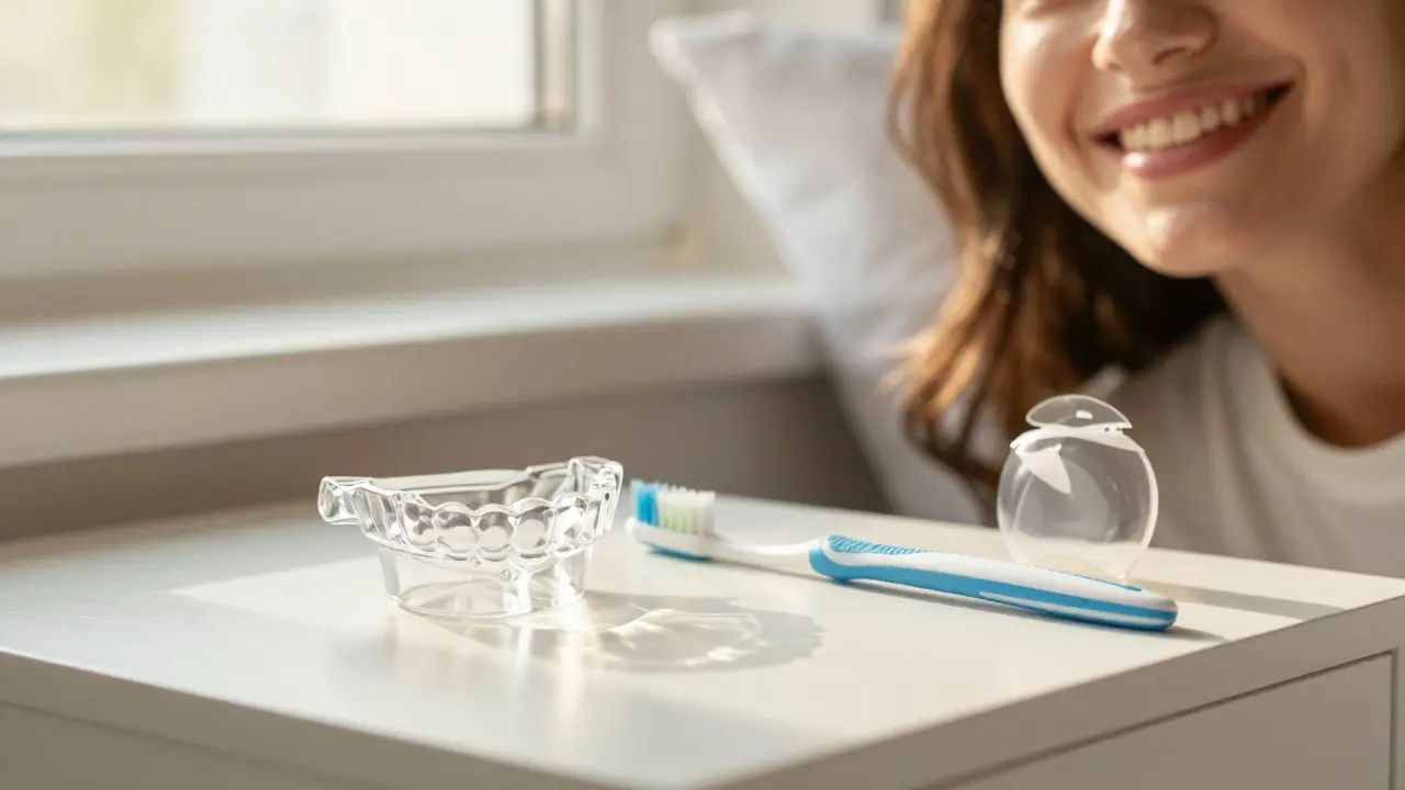 Nocní chránič a zubní hygiena vedle úsměvu v přírodním denním světle.