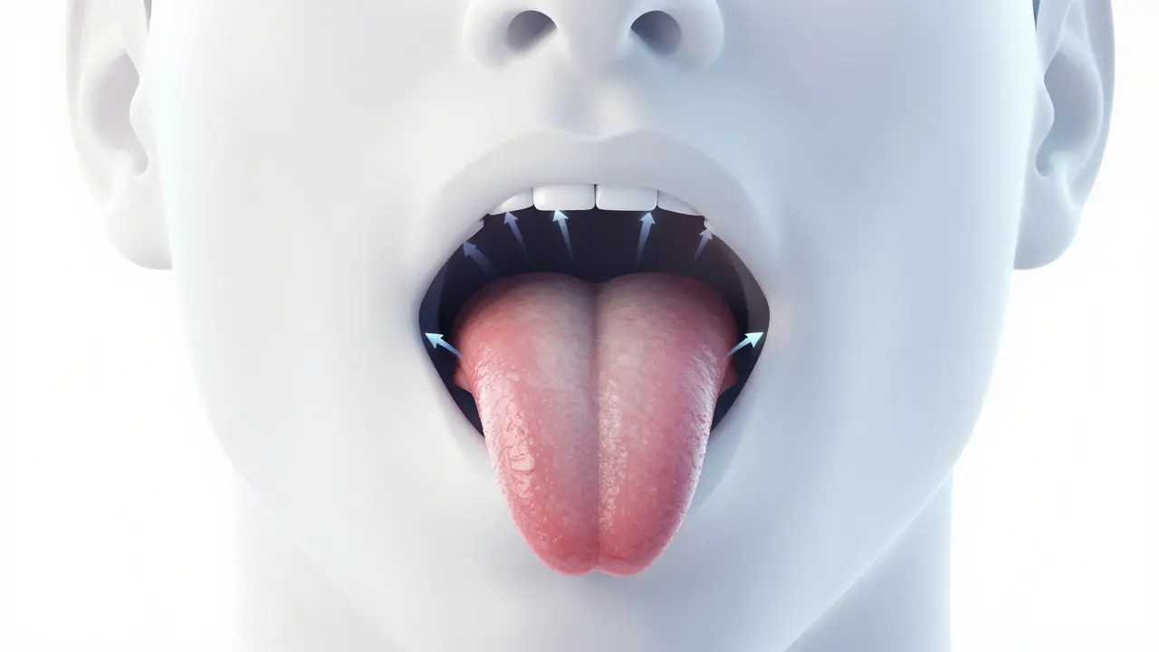 Anatomický detail polohy jazyka přitisknutého k patru pro stabilizaci zubů.