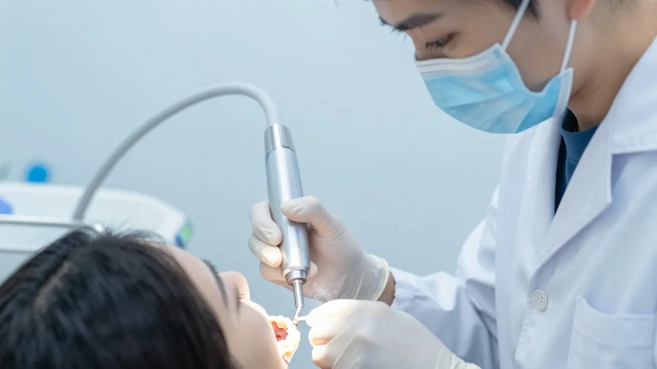 Dentální hygienistka provádí ultrazvukové čištění zubů