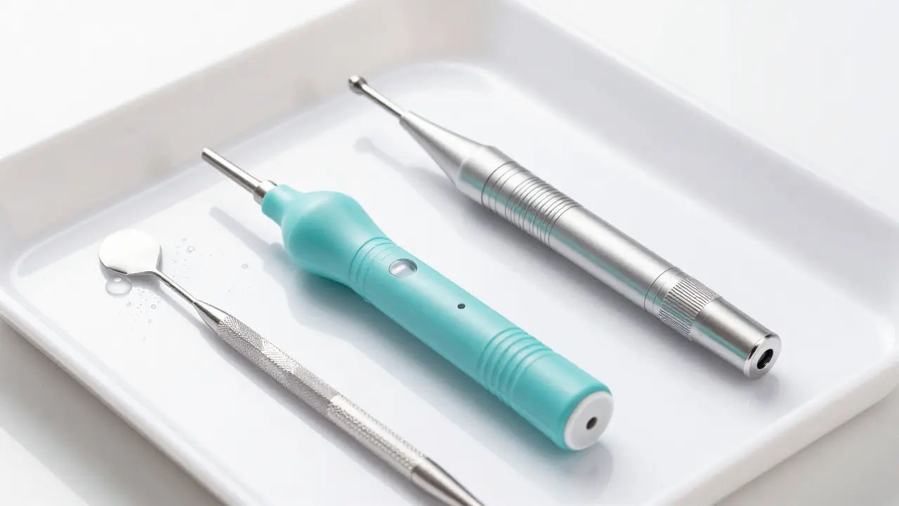 Profesionální nástroje pro zubní hygienu, včetně ultrazvukového přístroje.