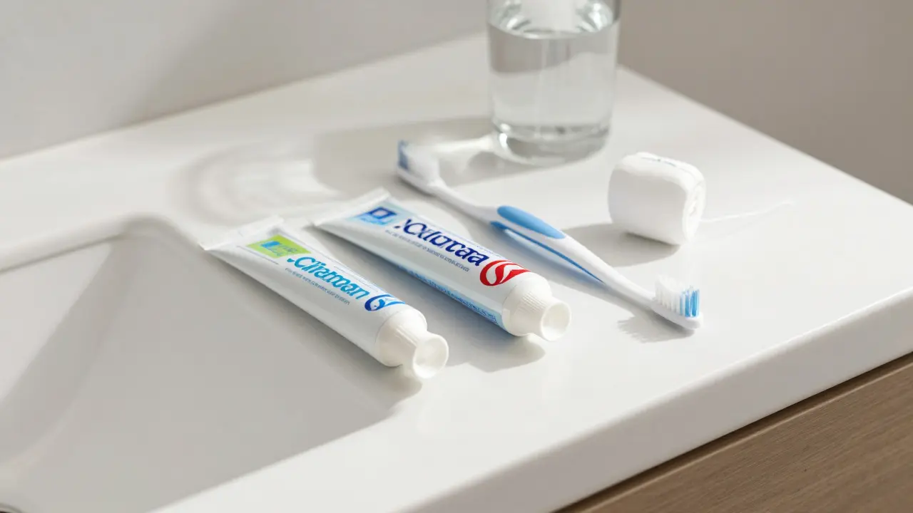 Čistá koupelna s pastou, kartáčkem a nití pro prevenci zubního kazu.