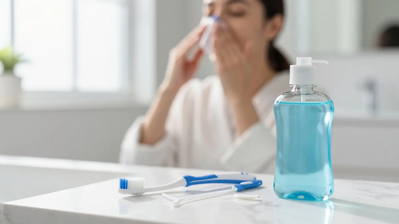 Hygienické potřeby pro čištění zubů a jazyka při ranním světle