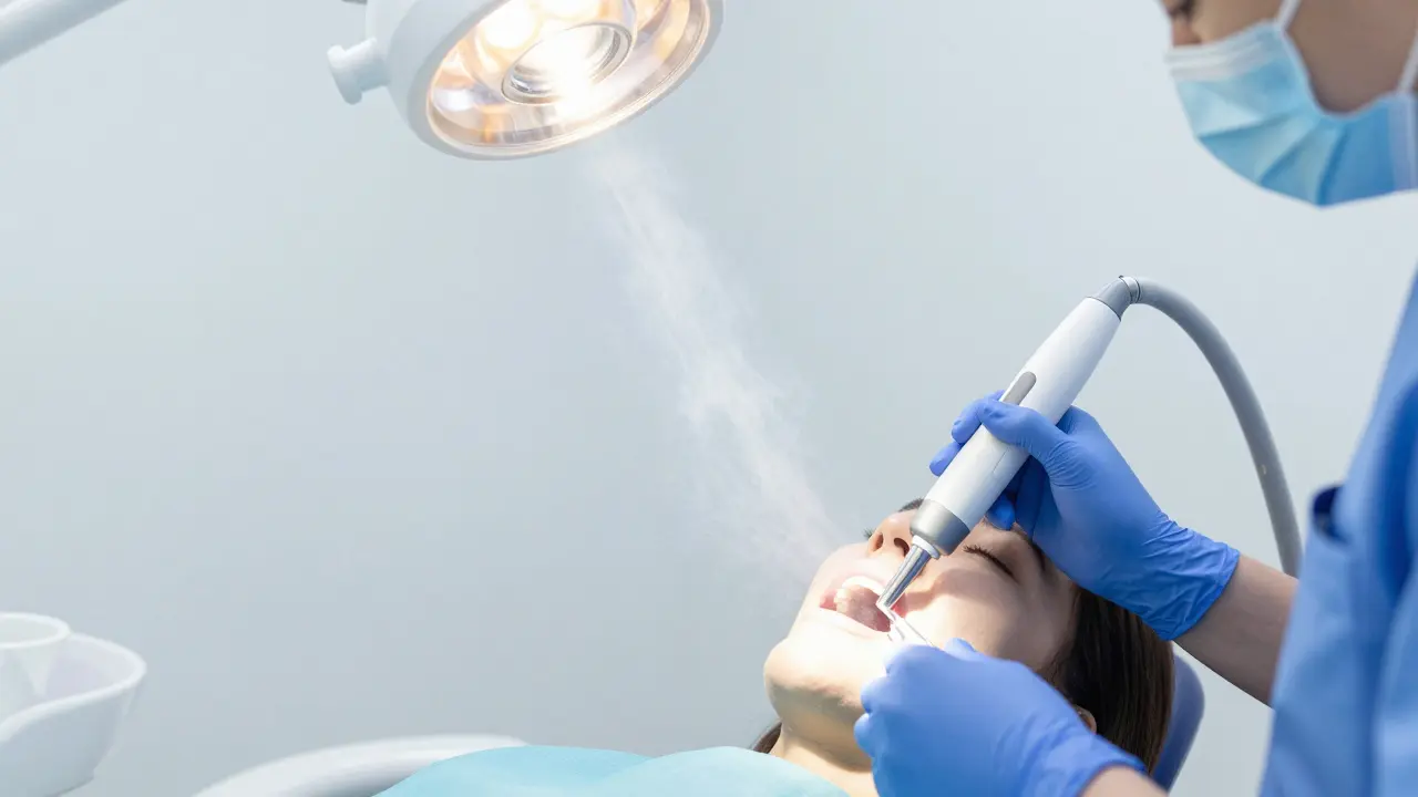 Hygienistka provádí pískování zubů speciální tryskou