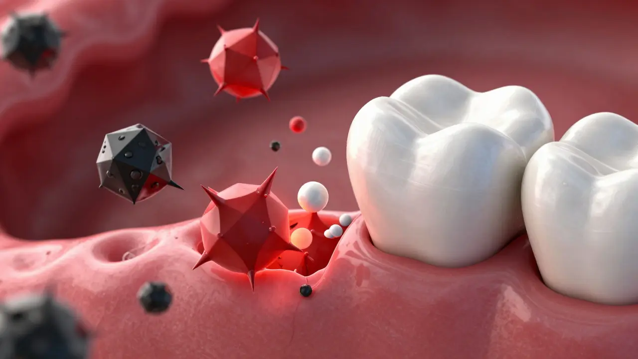 Konceptuální ilustrace poškození dásní chemikáliemi
