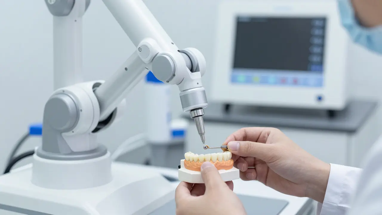 Zubní laboratoř s keramickou korunou a zubařem tvarujícím kompozit.
