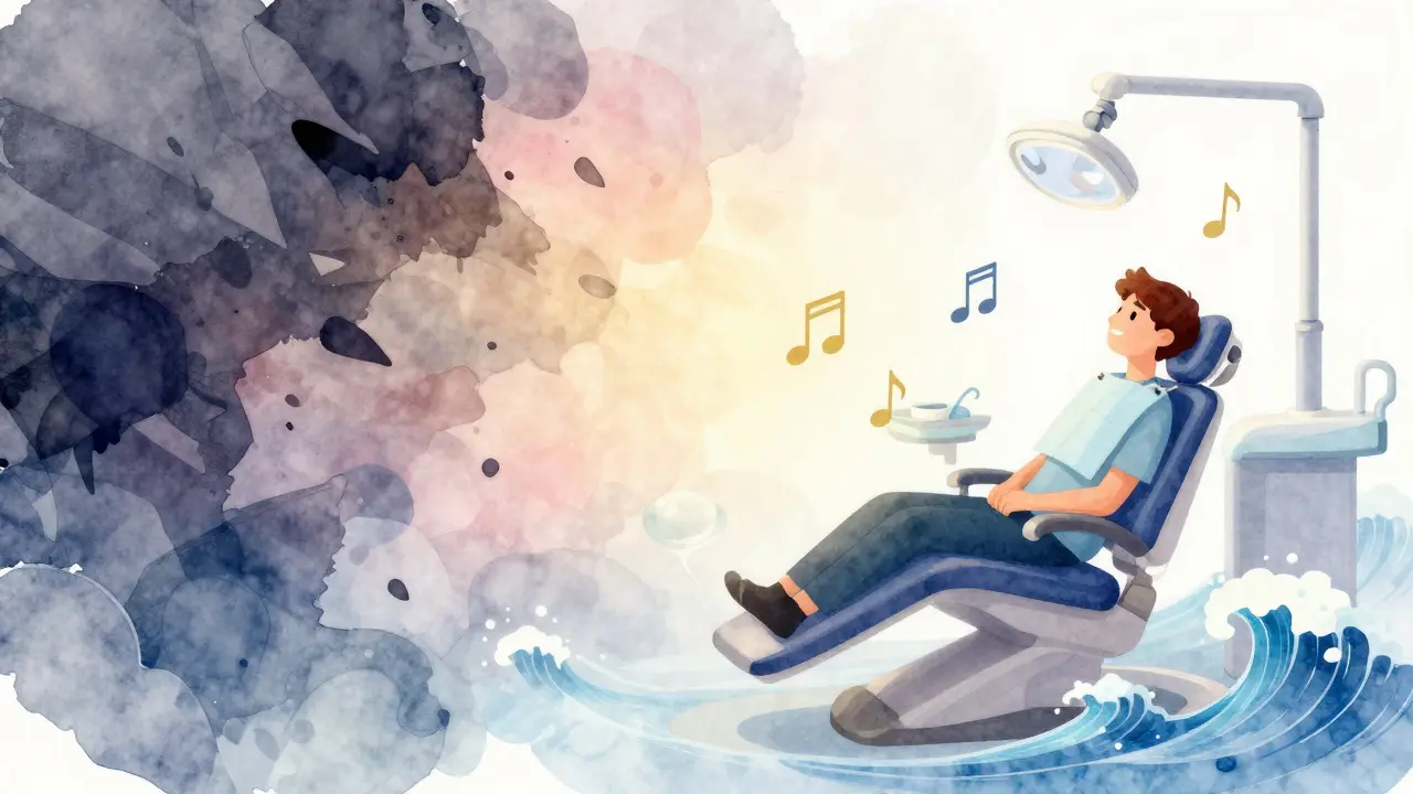 Abstraktní ilustrace přeměny strachu z bolesti na klid pomocí hudby a relaxace