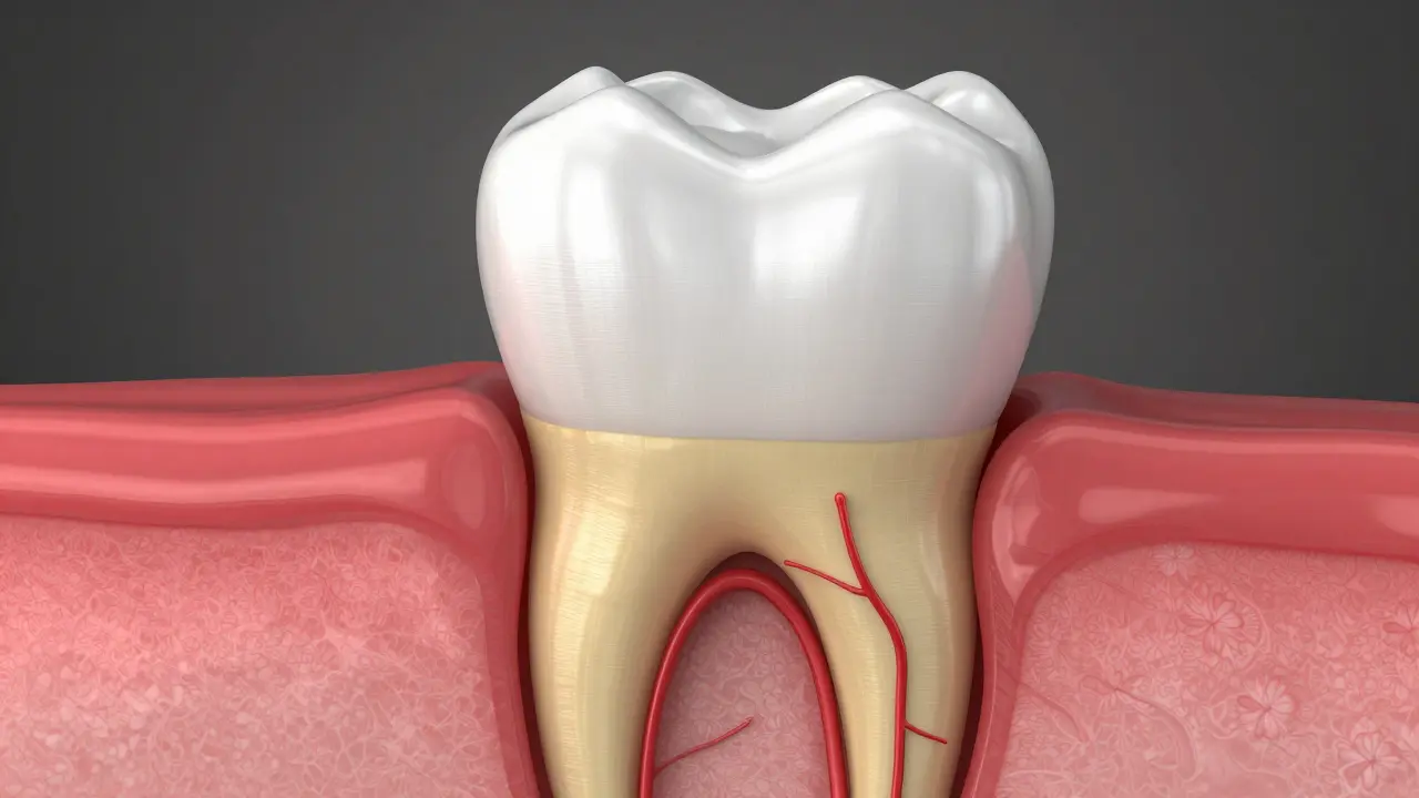 Anatomický řez zubem ukazující sklovinu, dentin a pulpu