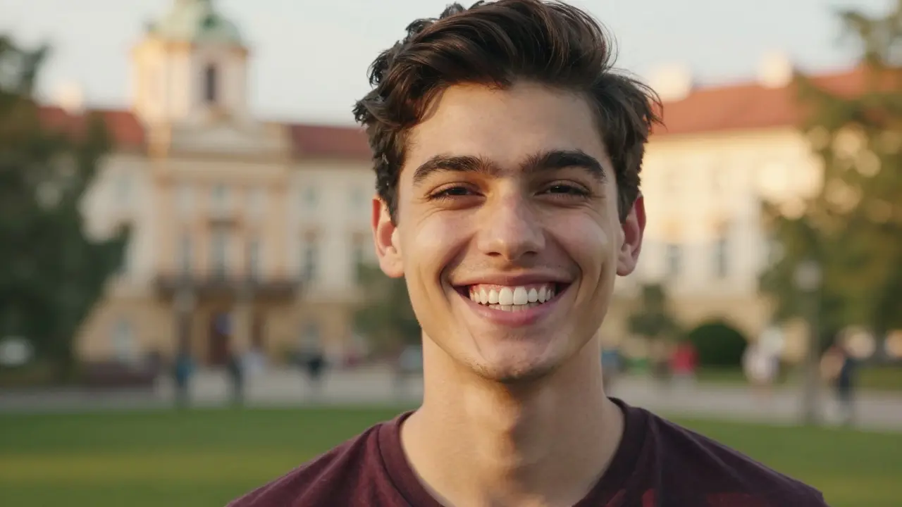 Mladý člověk se jistě usmívá venku, ukazující dokonalé zuby po úspěšné implantologii.