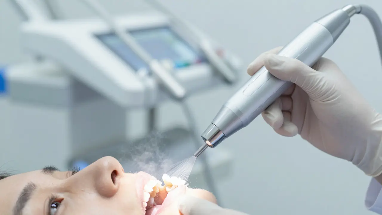 Zubní lékař používá jemné zařízení Air-flow pro bezpečné čištění