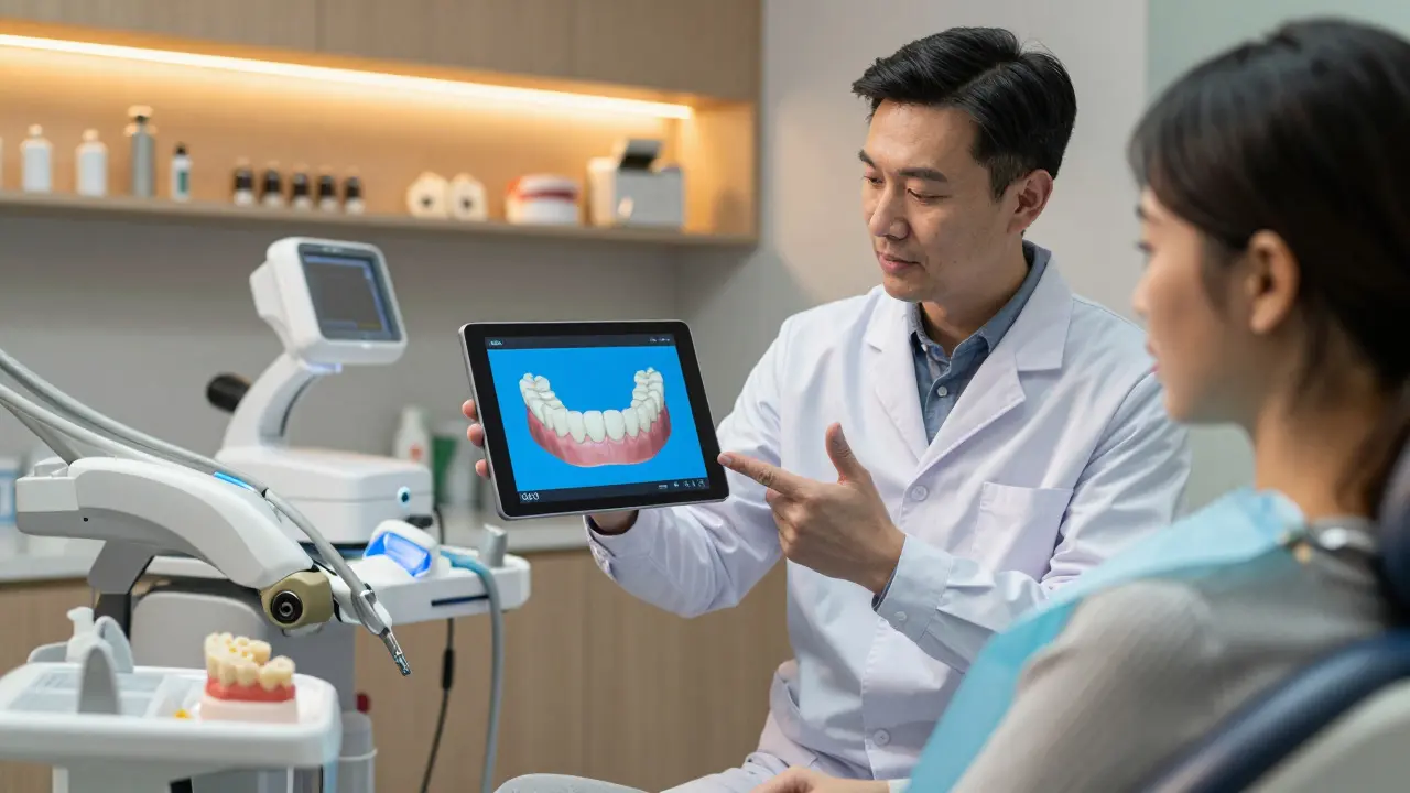 Zubní lékař vysvětluje pacientovi plán léčby pomocí 3D modelu korunky na tabletu