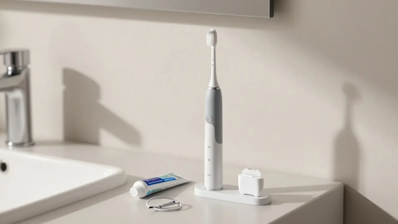 Elegantní sonický zubní kartáček na nabíjecím stojanu v moderní koupelně
