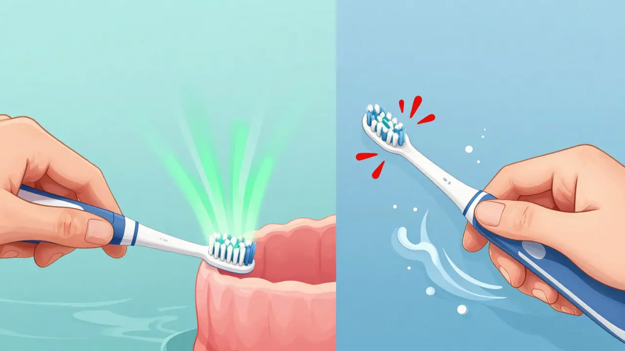 Ilustrace správné techniky čištění ultrazvukovým kartáčem