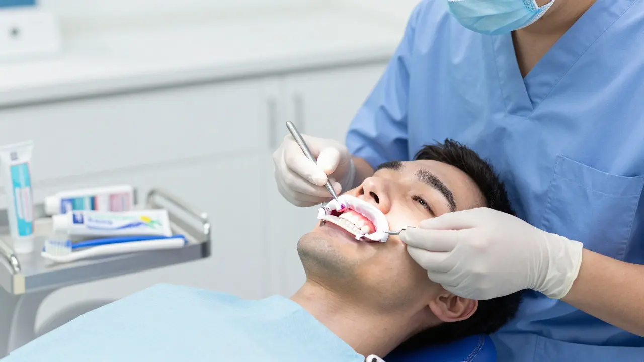 Stomatolog aplikuje bělicí gel v ordinaci s důrazem na hygienu