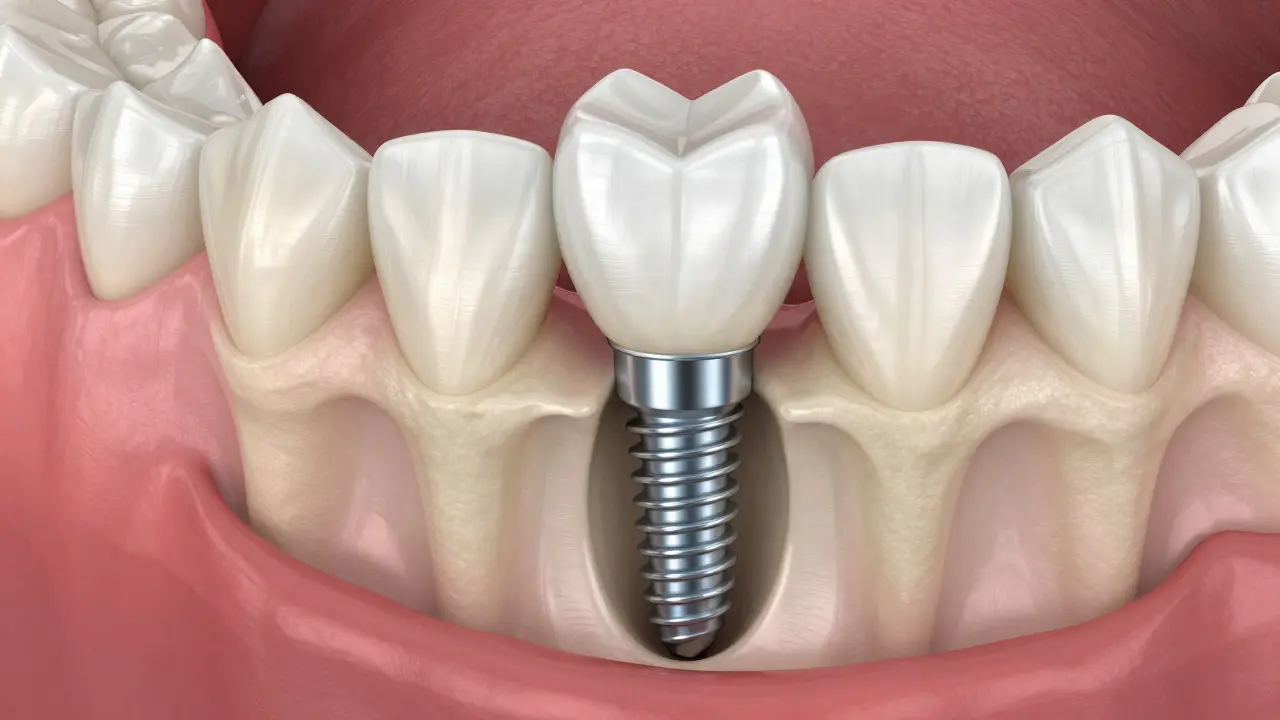 3D vizualizace zubního implantátu zasazeného v čelistní kosti