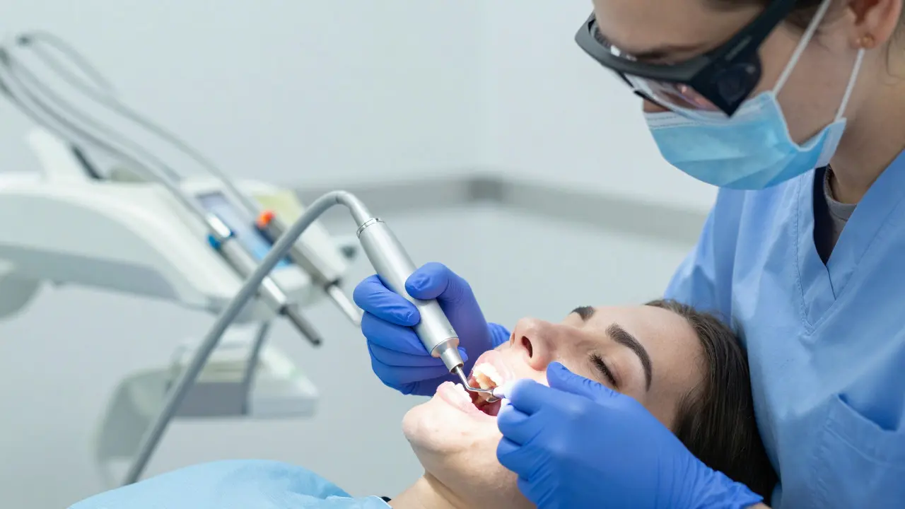 Dentální hygienistka provádí ultrazvukové čištění zubů