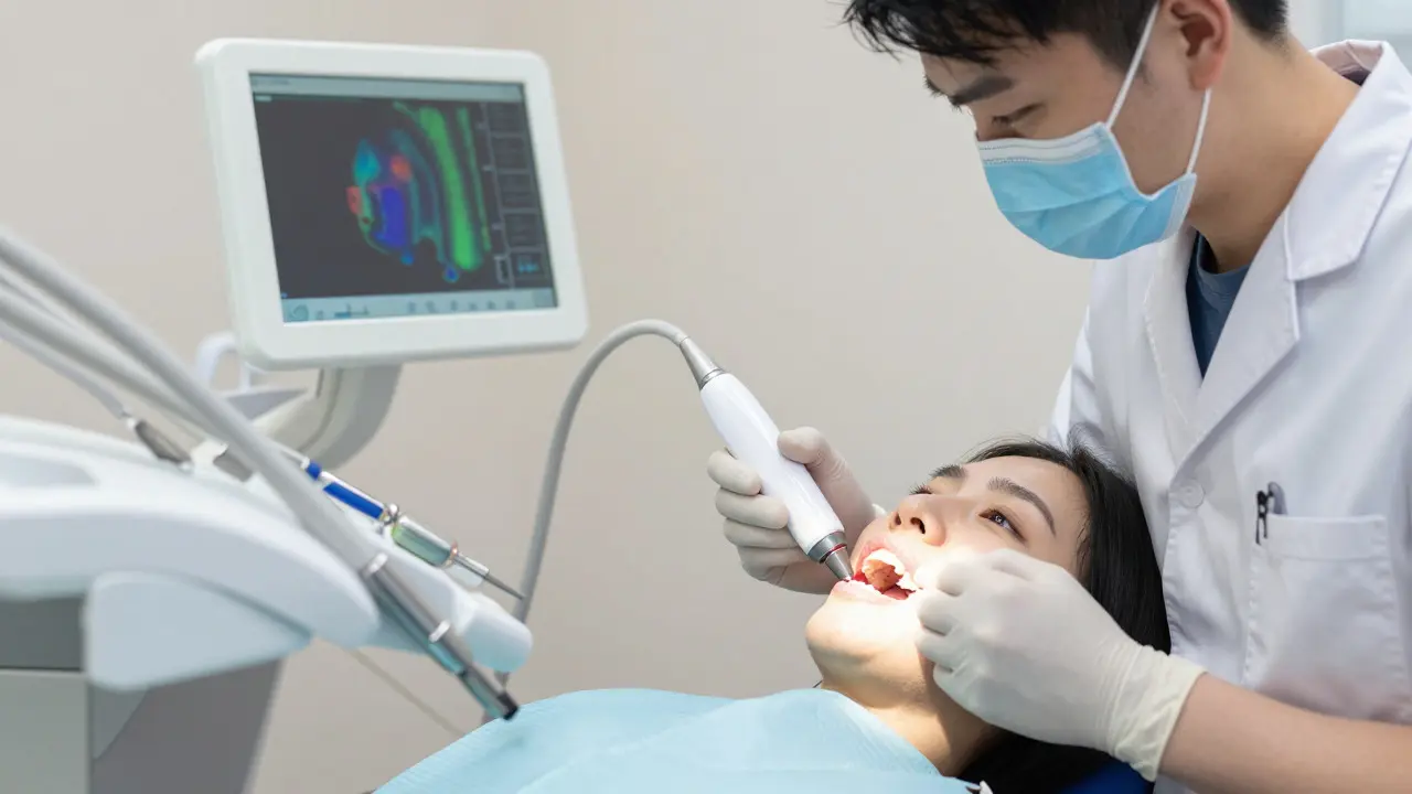 Dentista používající laserové zařízení k diagnostice skrytých problémů