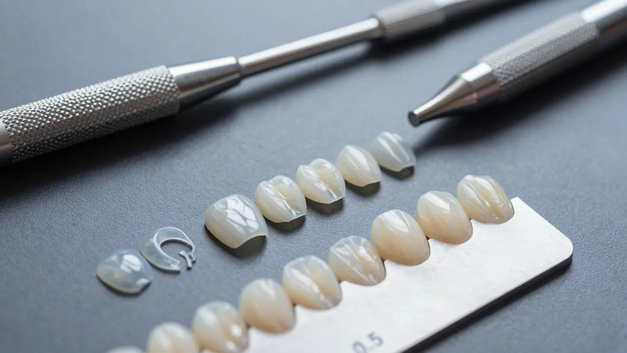Makro záběr tenkých keramických zubních faset a dentálních nástrojů
