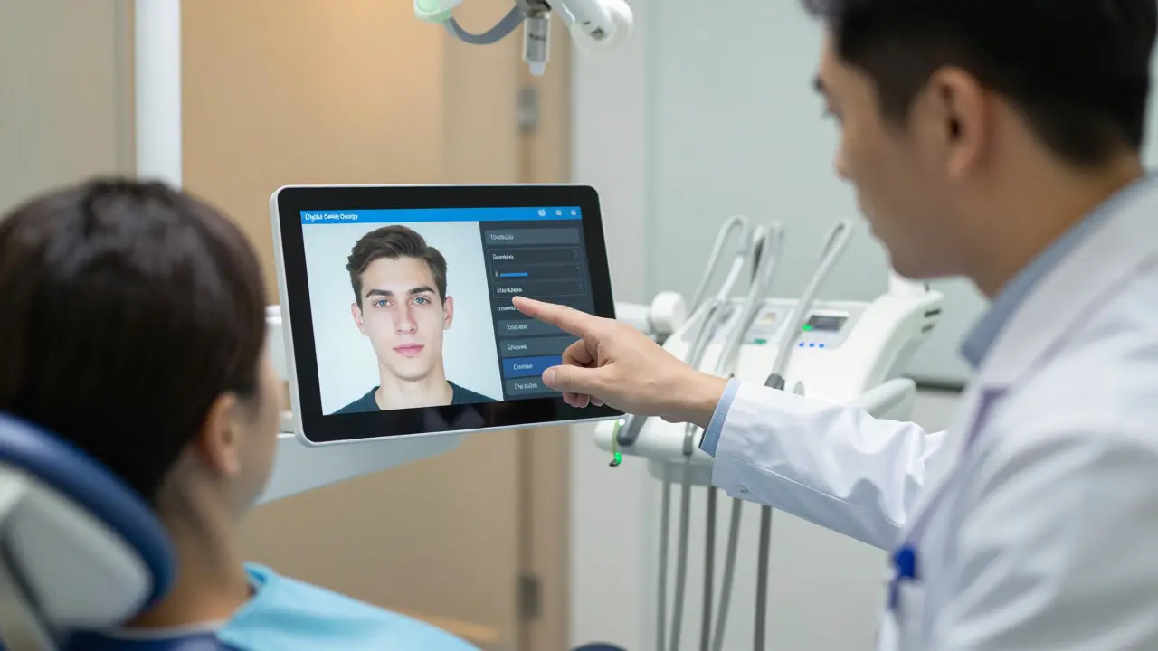 Stomatolog ukazuje pacientovi digitální simulaci nového úsměvu