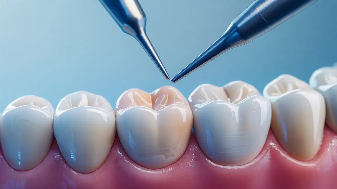 Detailní pohled na esteticky dokonalou keramickou korunku zubního implantátu.