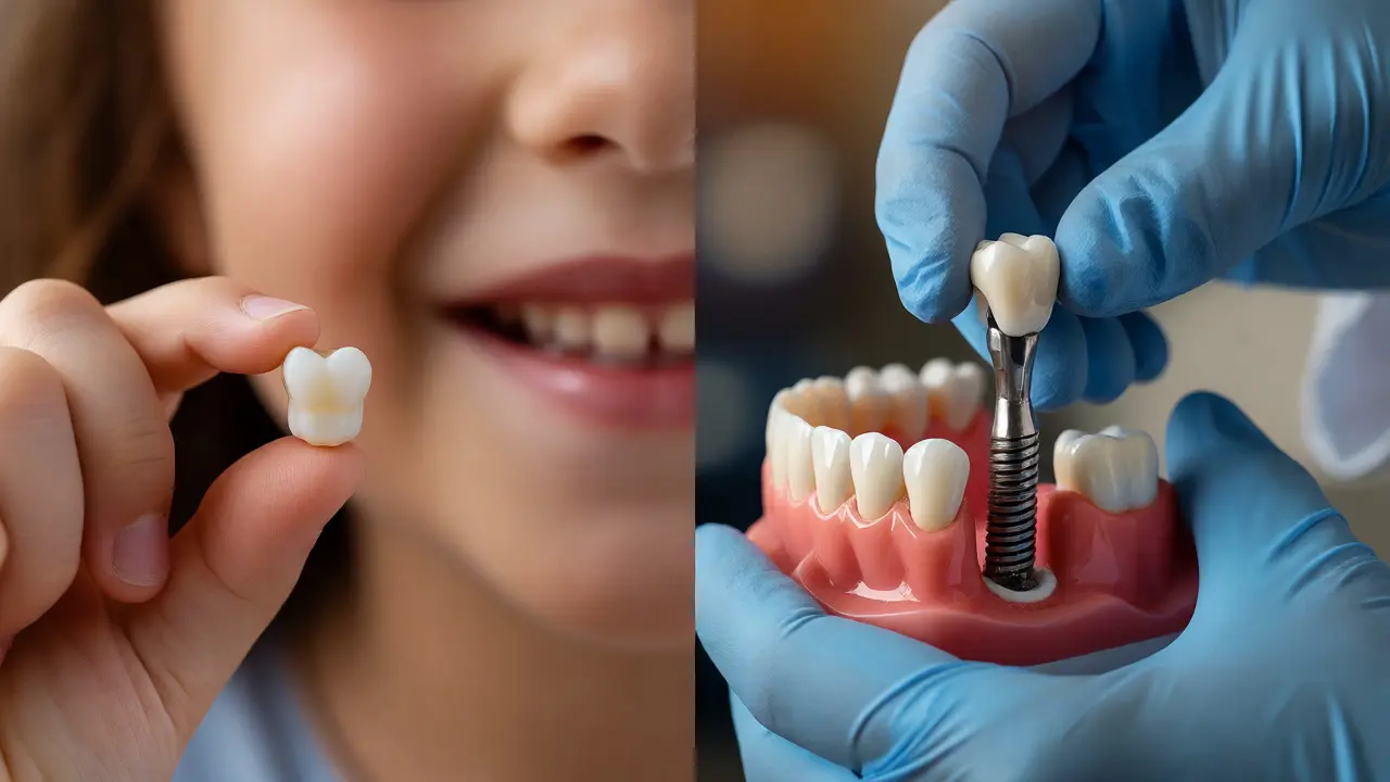 Porovnání dětského vypadlého zubu a instalace dentálního implantátu
