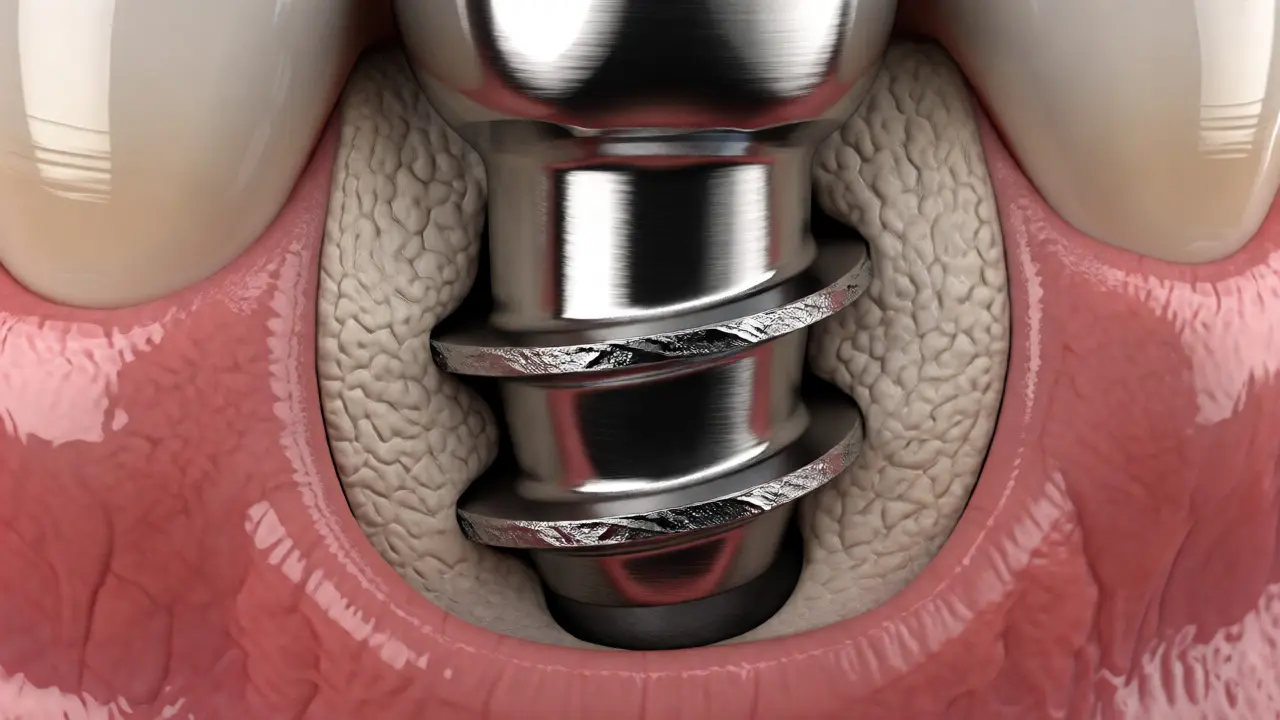Titanový zubní implantát srostlý s čelistní kostí