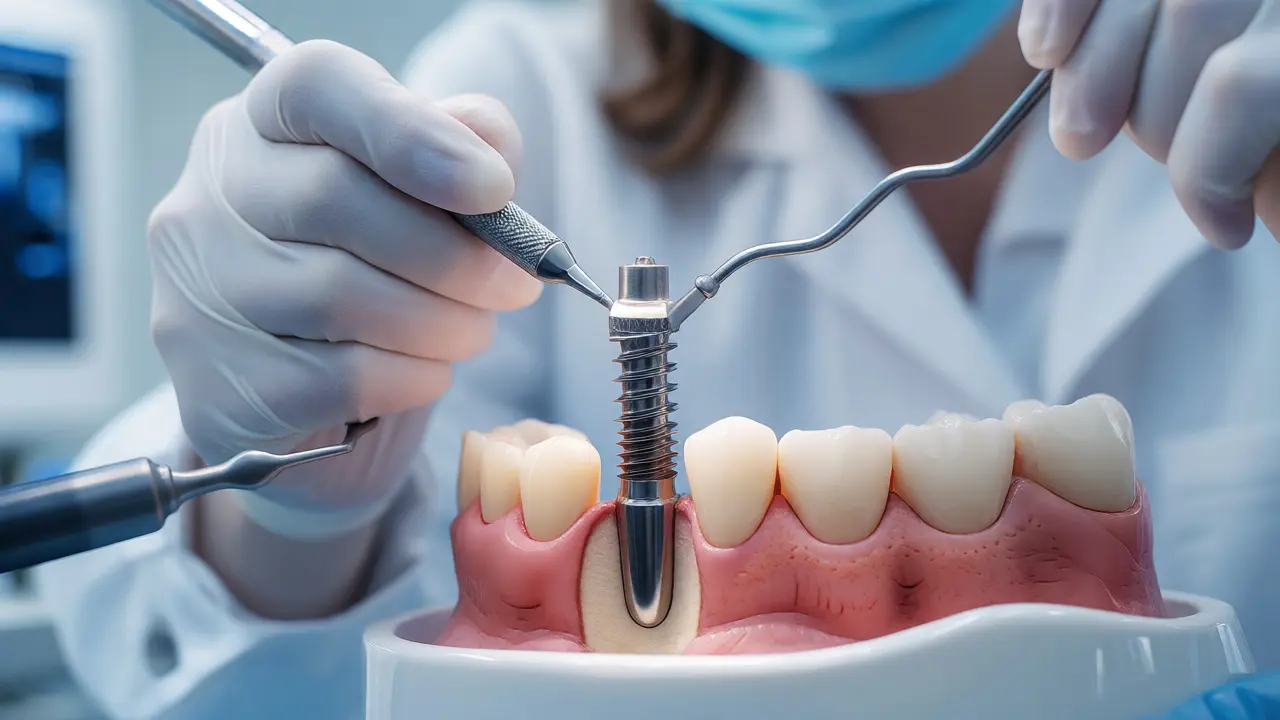 Zubní lékař vkládá titanový implantát do čelisti během precizního zákroku.