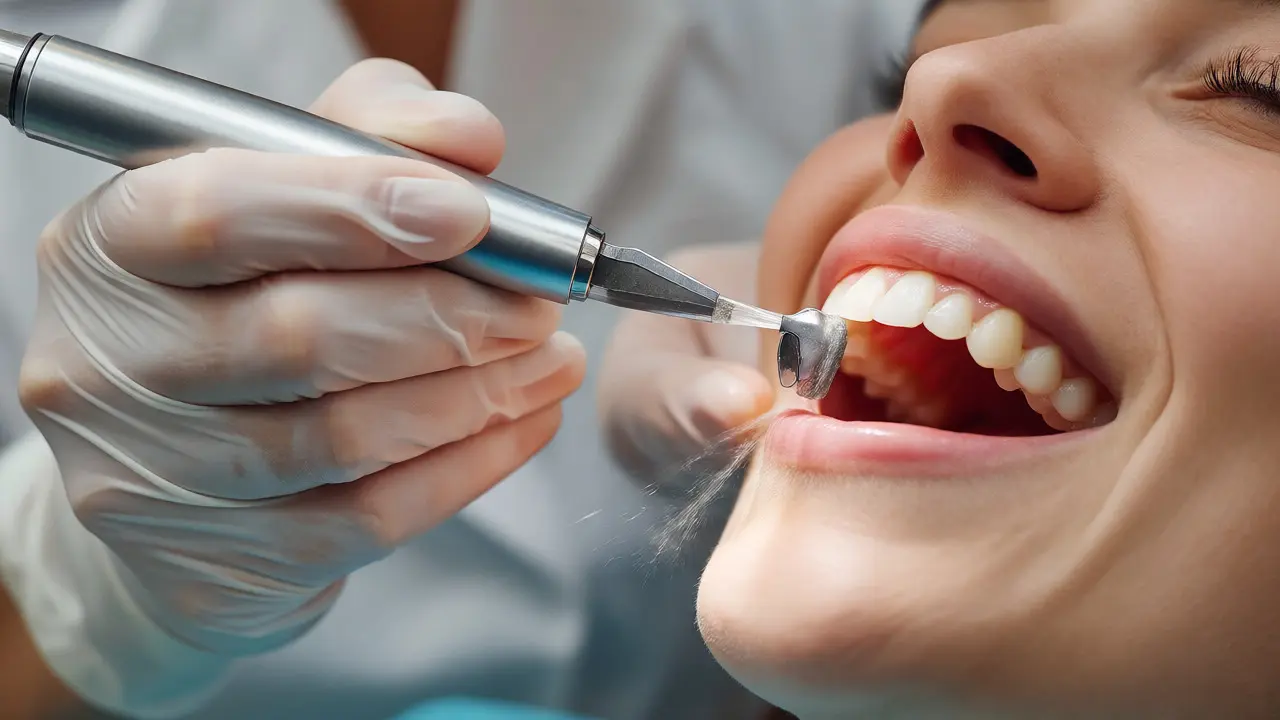 Dentální hygienistka odstraňuje kámen ultrazvukem