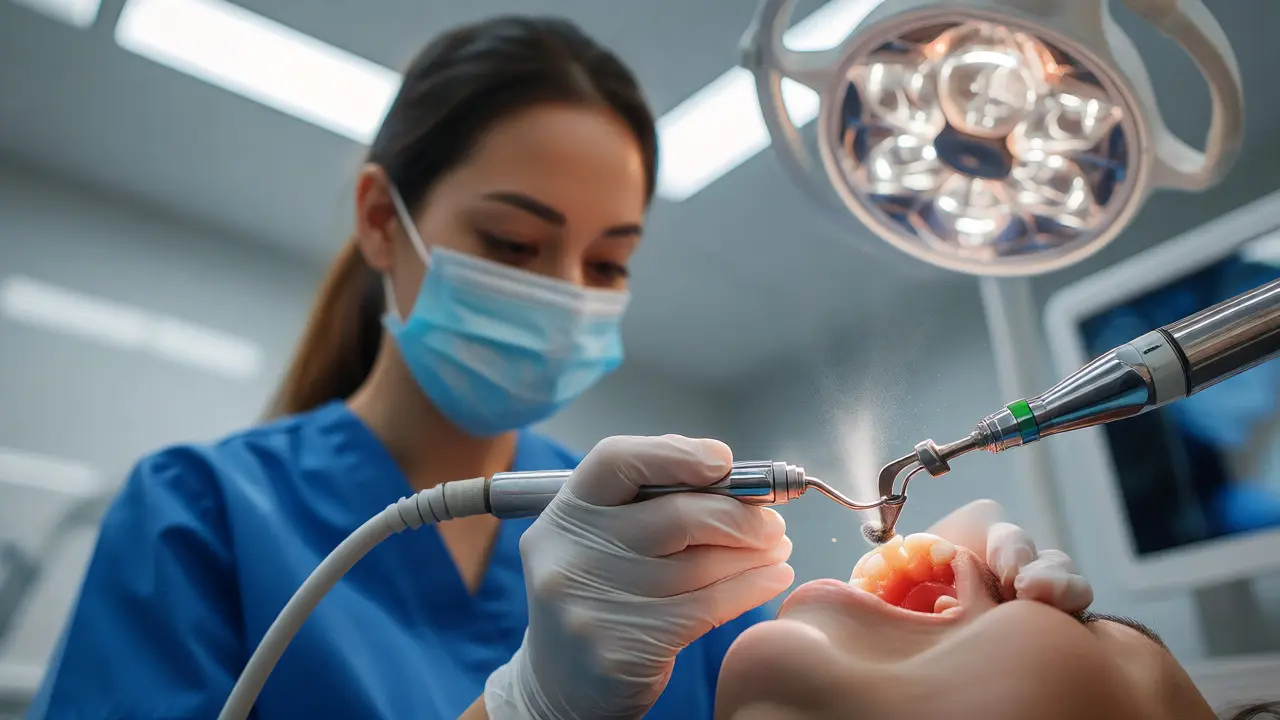 Dentální hygienistka provádí ultrazvukové čištění zubů