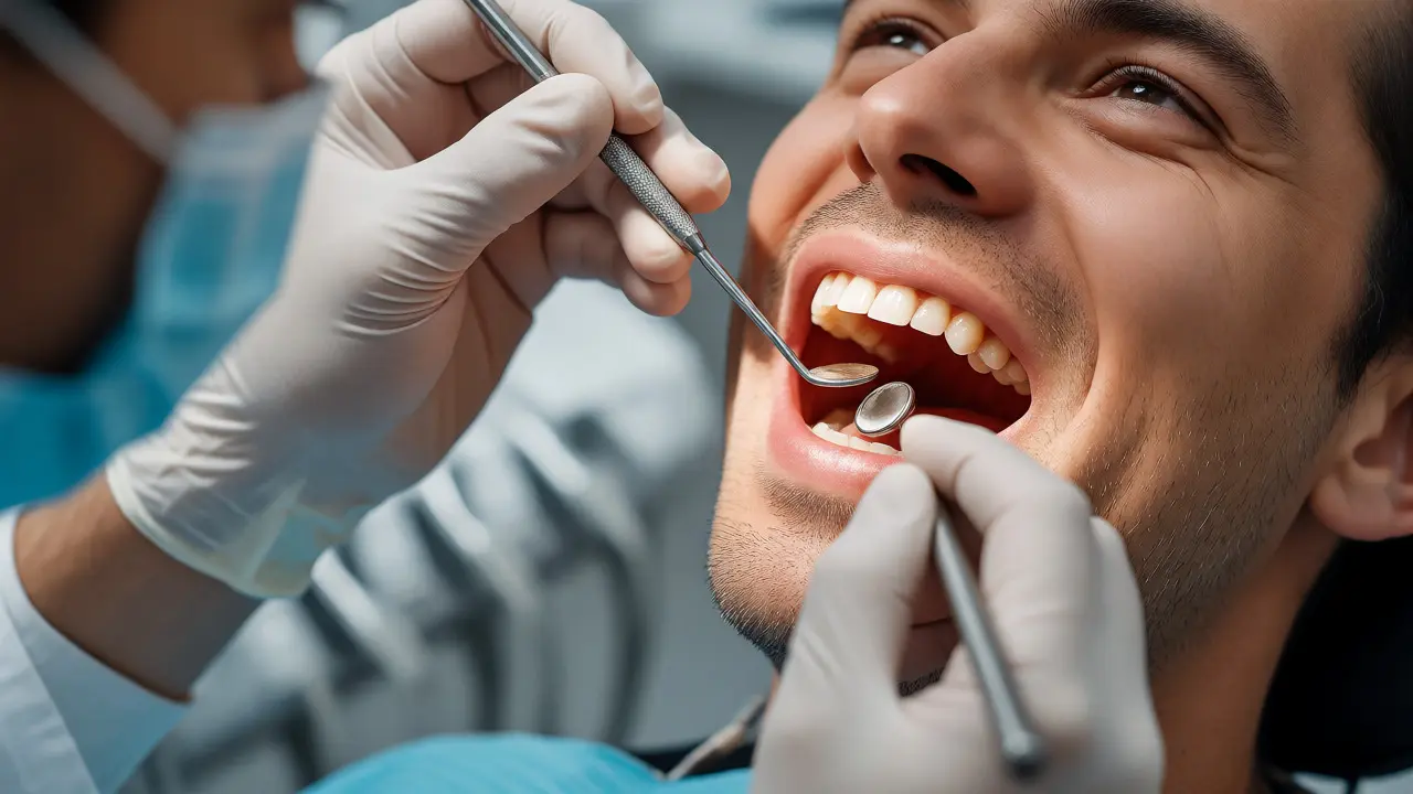 Dentista provádí odborné čištění zubů kuřákovi v ordinaci