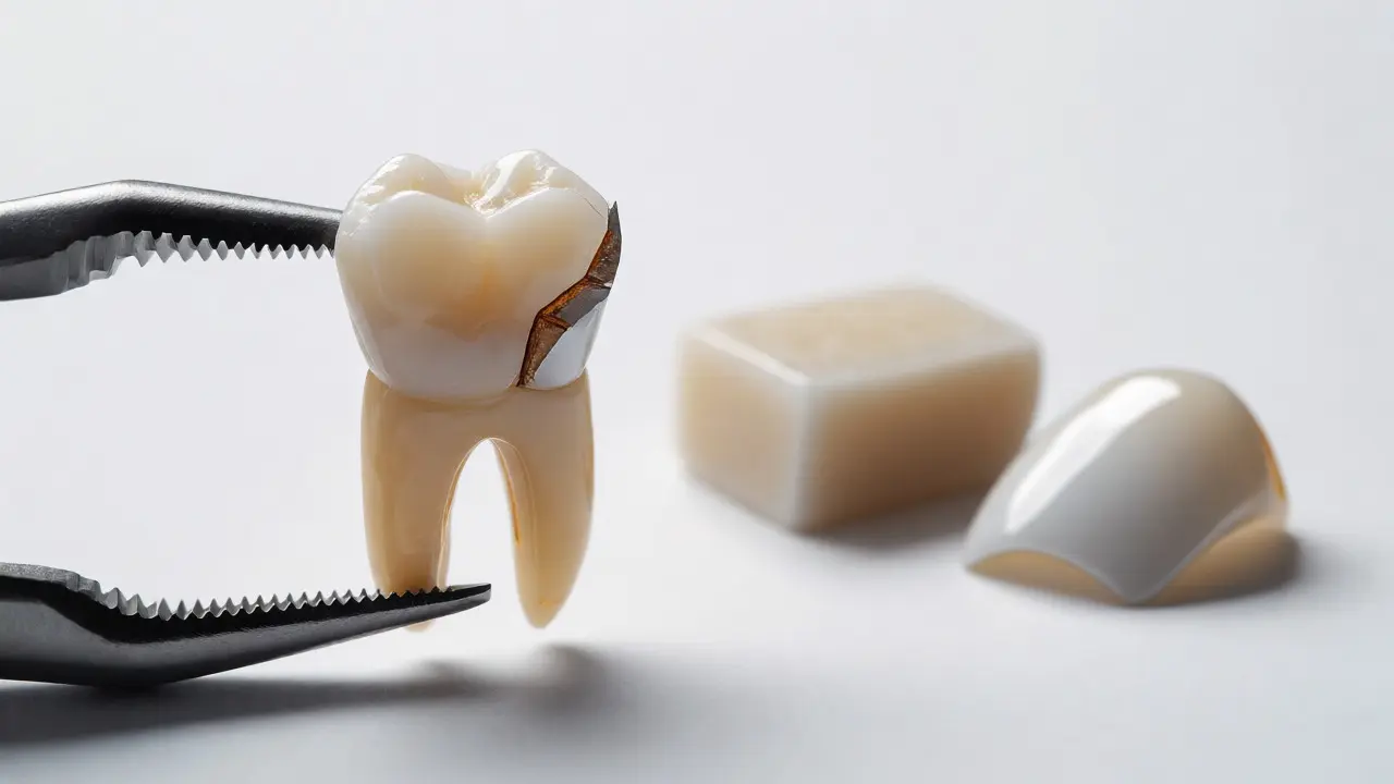 Detail ulomeného předního zubu s materiálovými vzorky pro opravu